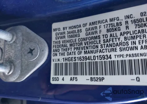2004 Honda Civic Vp z USA, uszkodzony, nr VIN 1HGES16394L015934